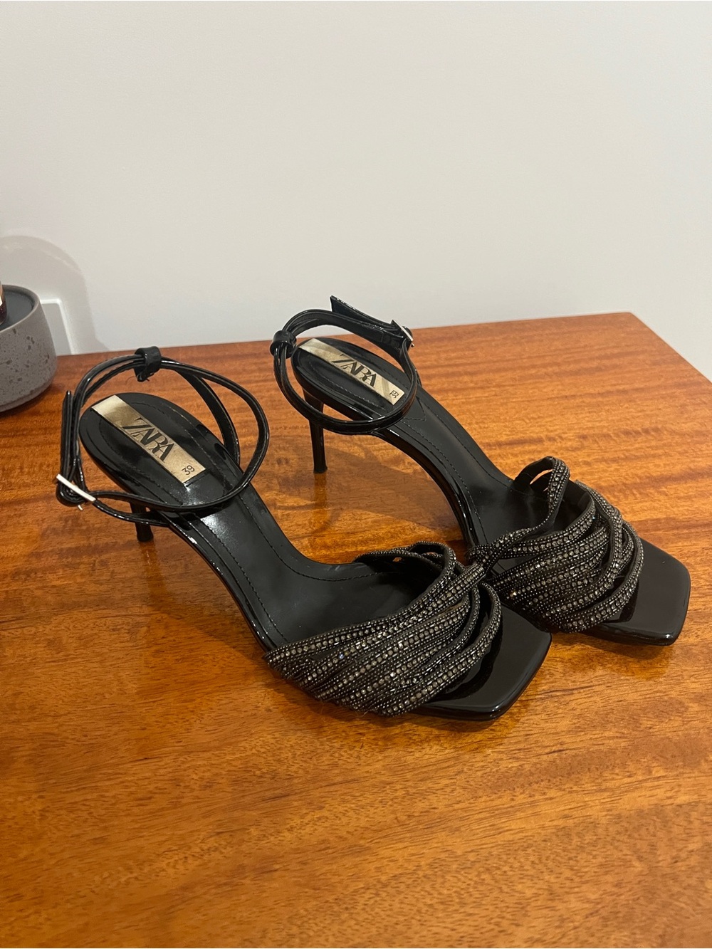 ZARA Black Beaded Twist-Strap Stiletto Sandals